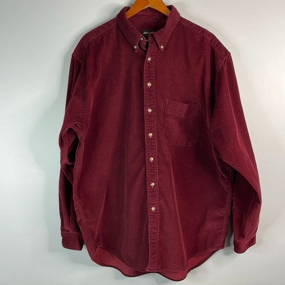 EDDIE BAUER Mens Burgundy Corduroy Herringbone Button Down Shirt Size XL Tall - Picture 13 of 13